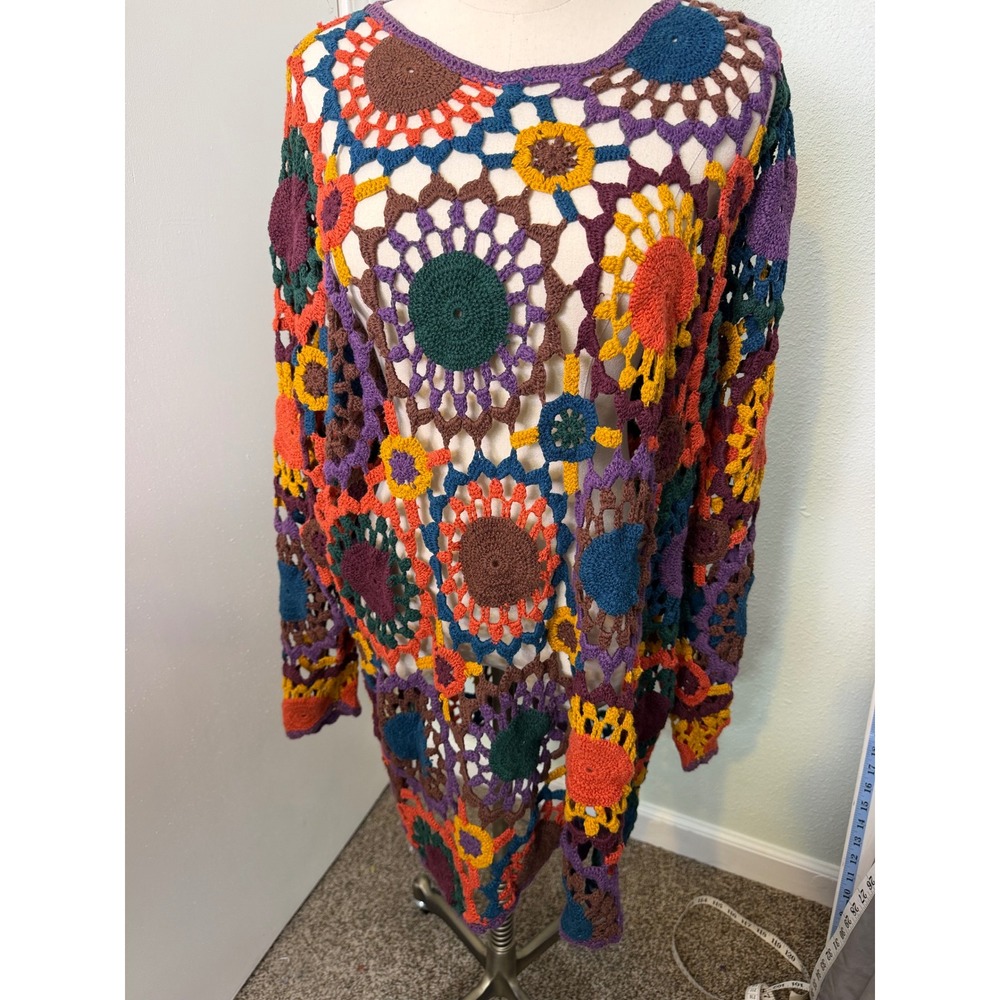 Boho Multi-Color Crochet Granny Square Tunic Top - Handmade Oversized Sweater
XL